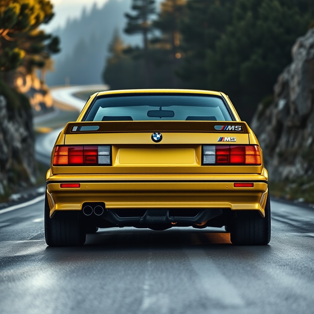 An elegant and meticulously detailed image of a BMW E30 M3 2-door coupe restomod, showcasing a perfect 3/4 rear view