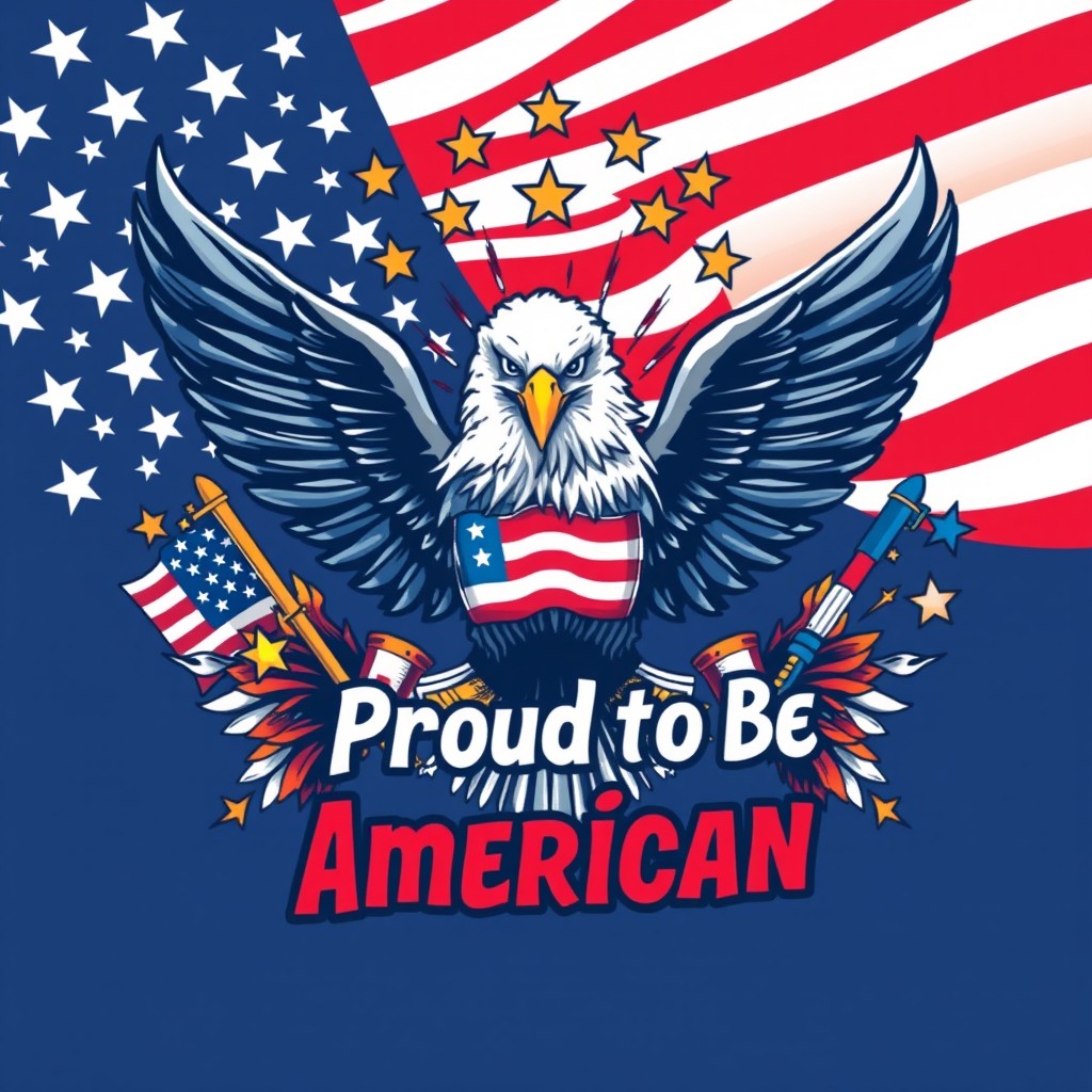 A bold and eye-catching graphic design for a t-shirt aimed at the American market, featuring iconic symbols of American culture such as an eagle, the American flag, and elements representing freedom and diversity, creatively arranged with a dynamic composition