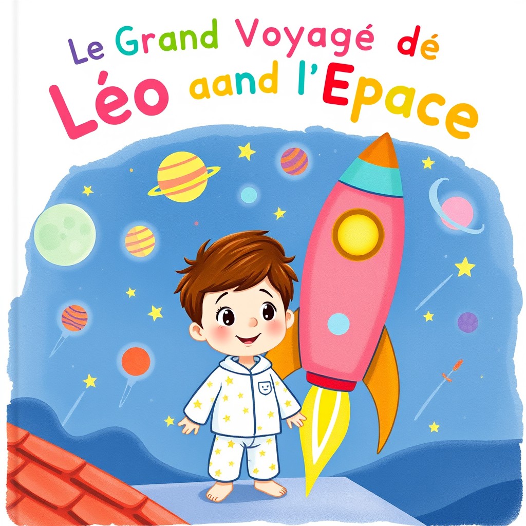 A charming children's book cover illustration featuring a small boy named Léo, around 6 years old, with chestnut hair and big, curious eyes