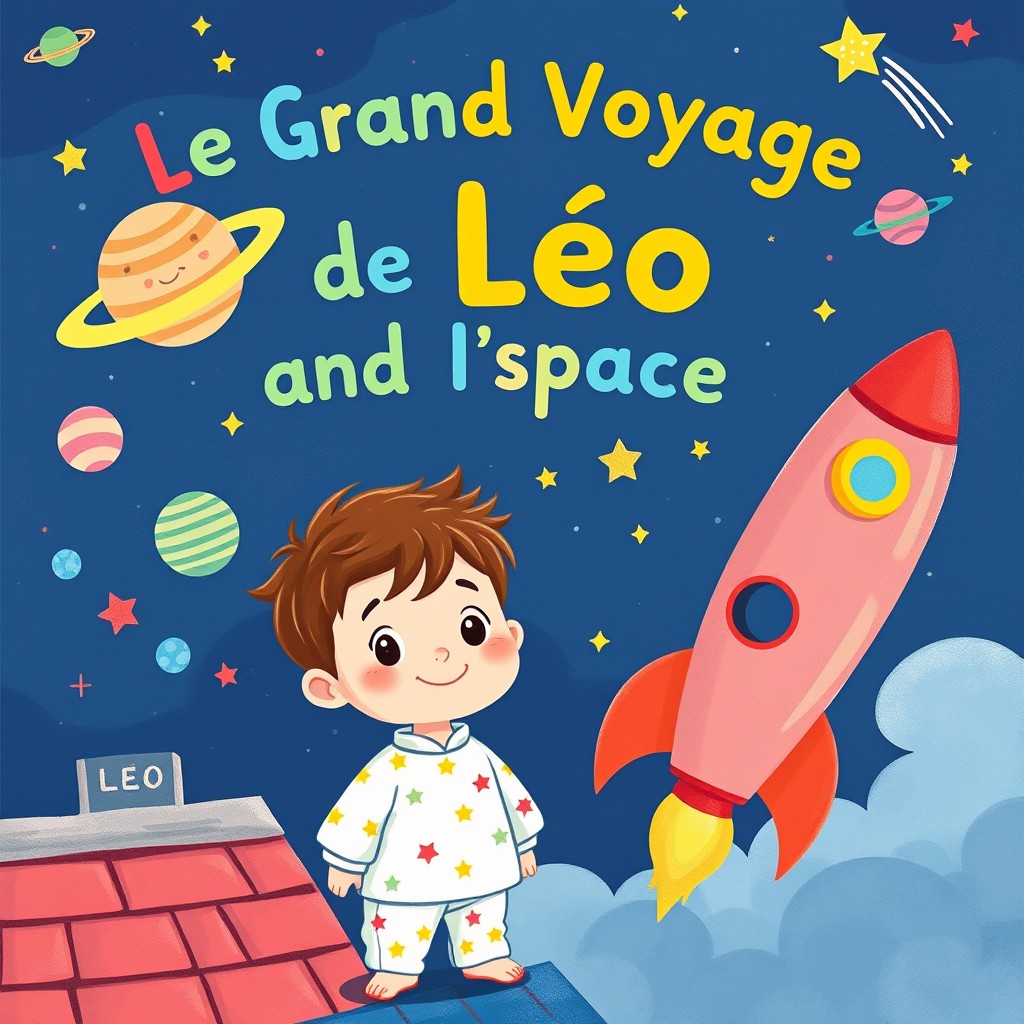 A charming children's book cover illustration suitable for a phone size, featuring a small boy named Léo, around 6 years old, with chestnut hair and big, curious eyes