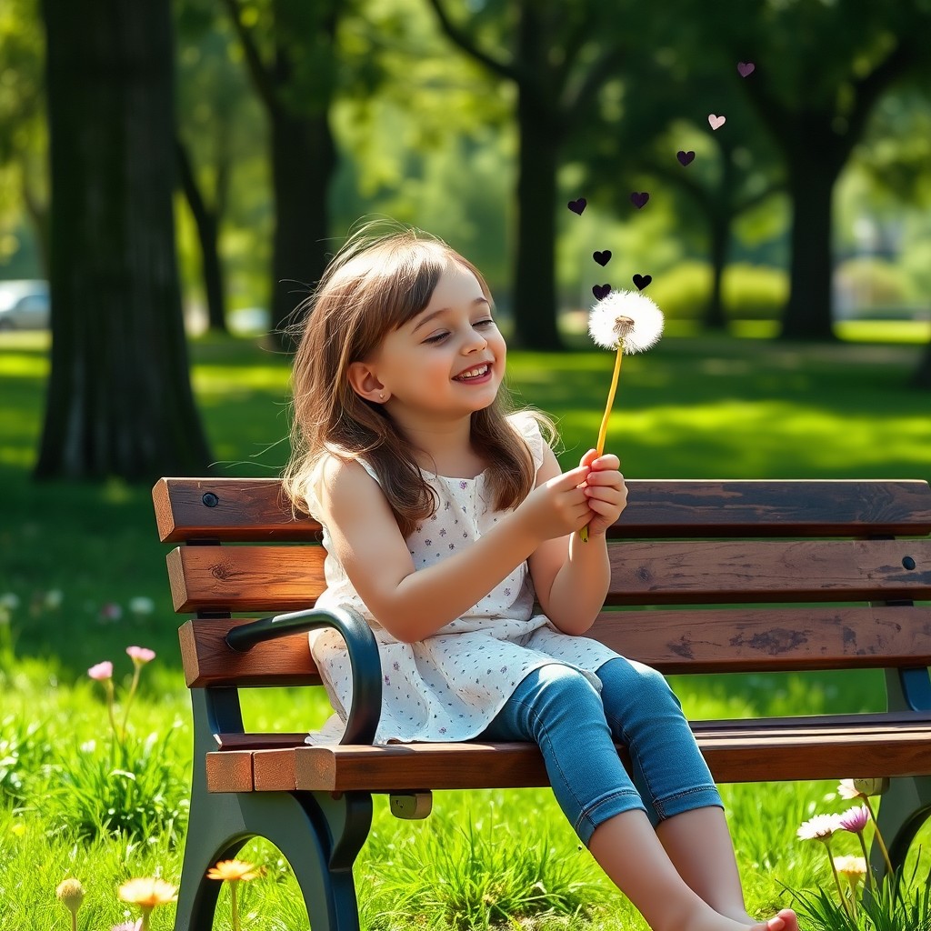 A girl sitting on a wooden park bench, gently blowing on a dandelion
