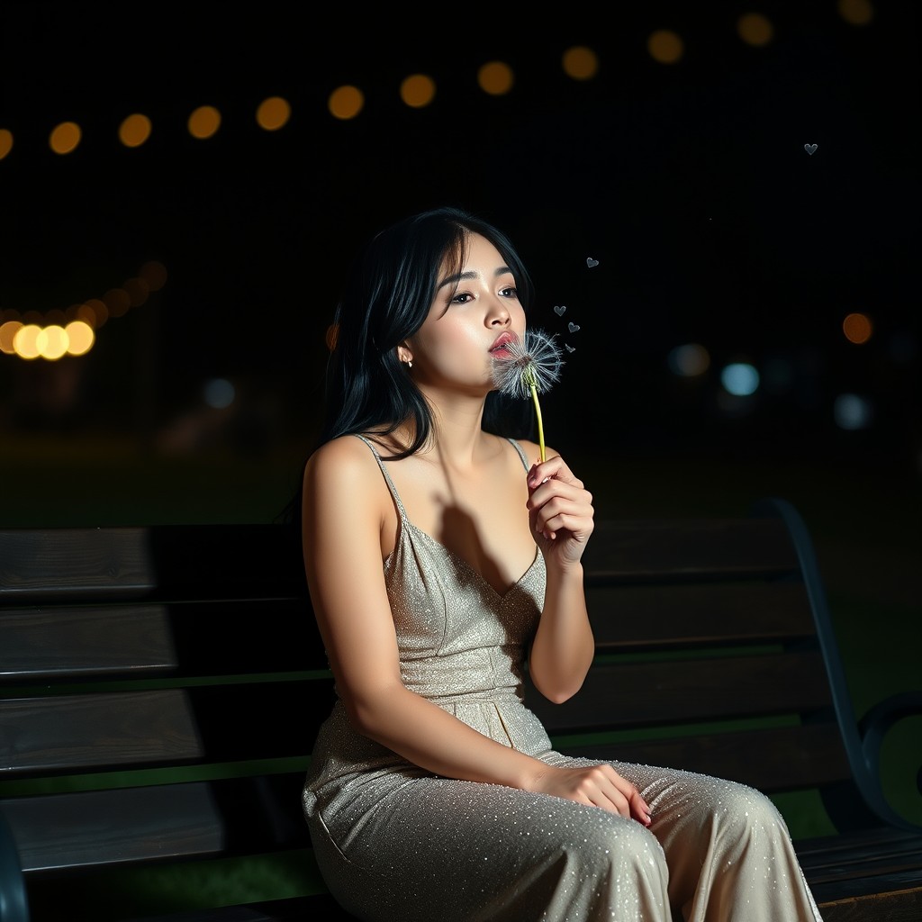 A 25-year-old girl with dark hair sits elegantly on a wooden park bench at night, illuminated by soft ambient lights from a nearby party
