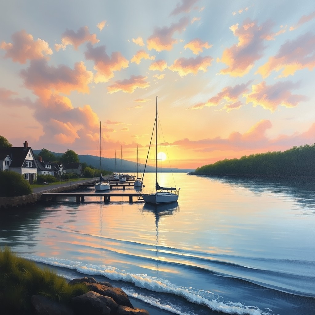 An oil painting depicting a serene sunrise at a tranquil harbor