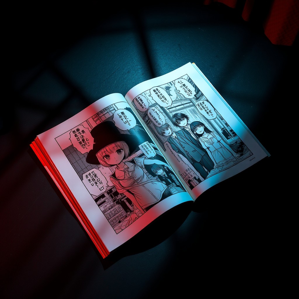 An open black-and-white manga lying on a table, depicting a murder scene involving a family of four