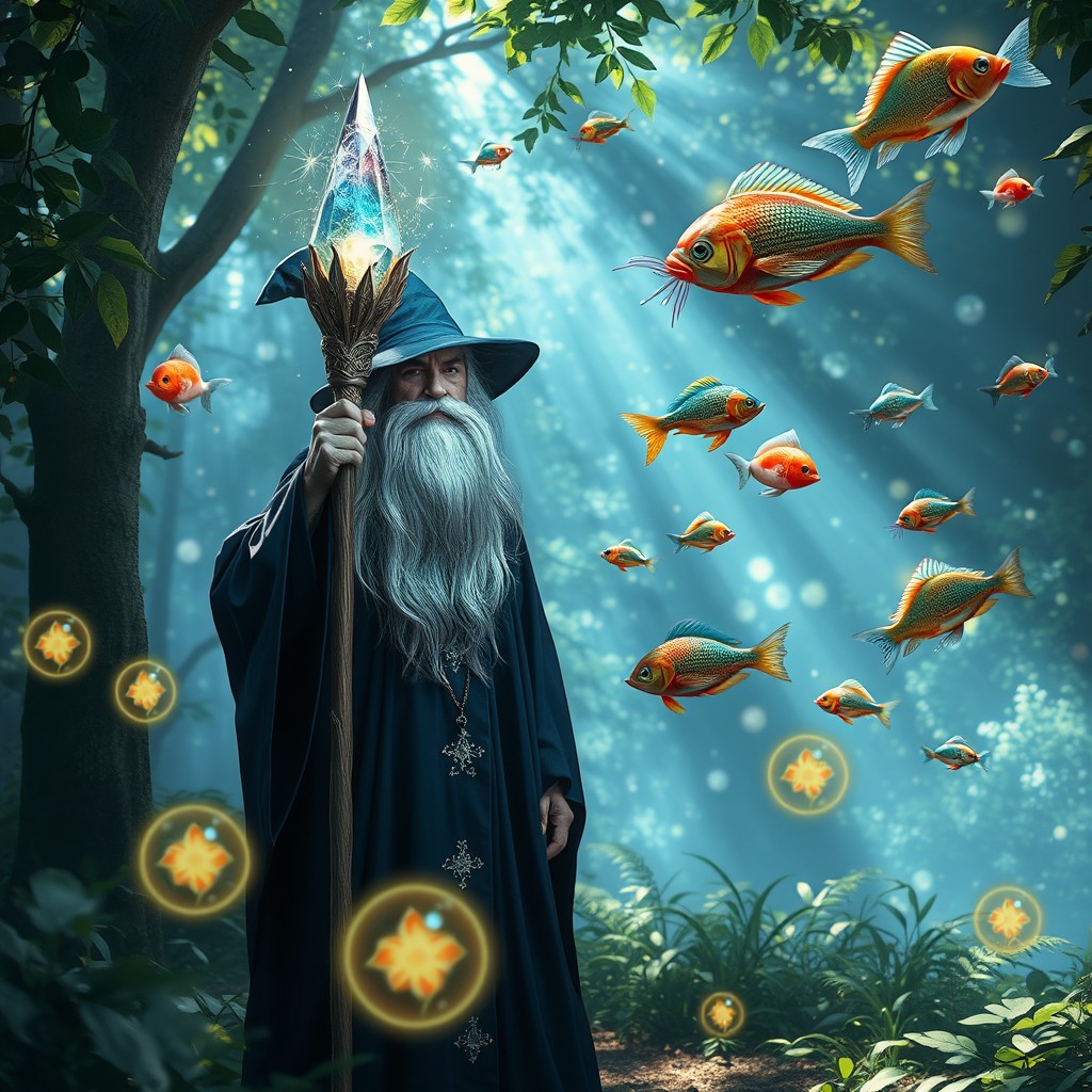 A mystical wizard standing in a magical forest, surrounded by glowing orbs and floating fish