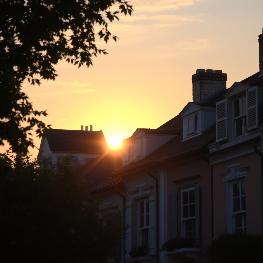 A beautiful sunrise behind a row of charming houses, glowing with soft pastel colors in the sky
