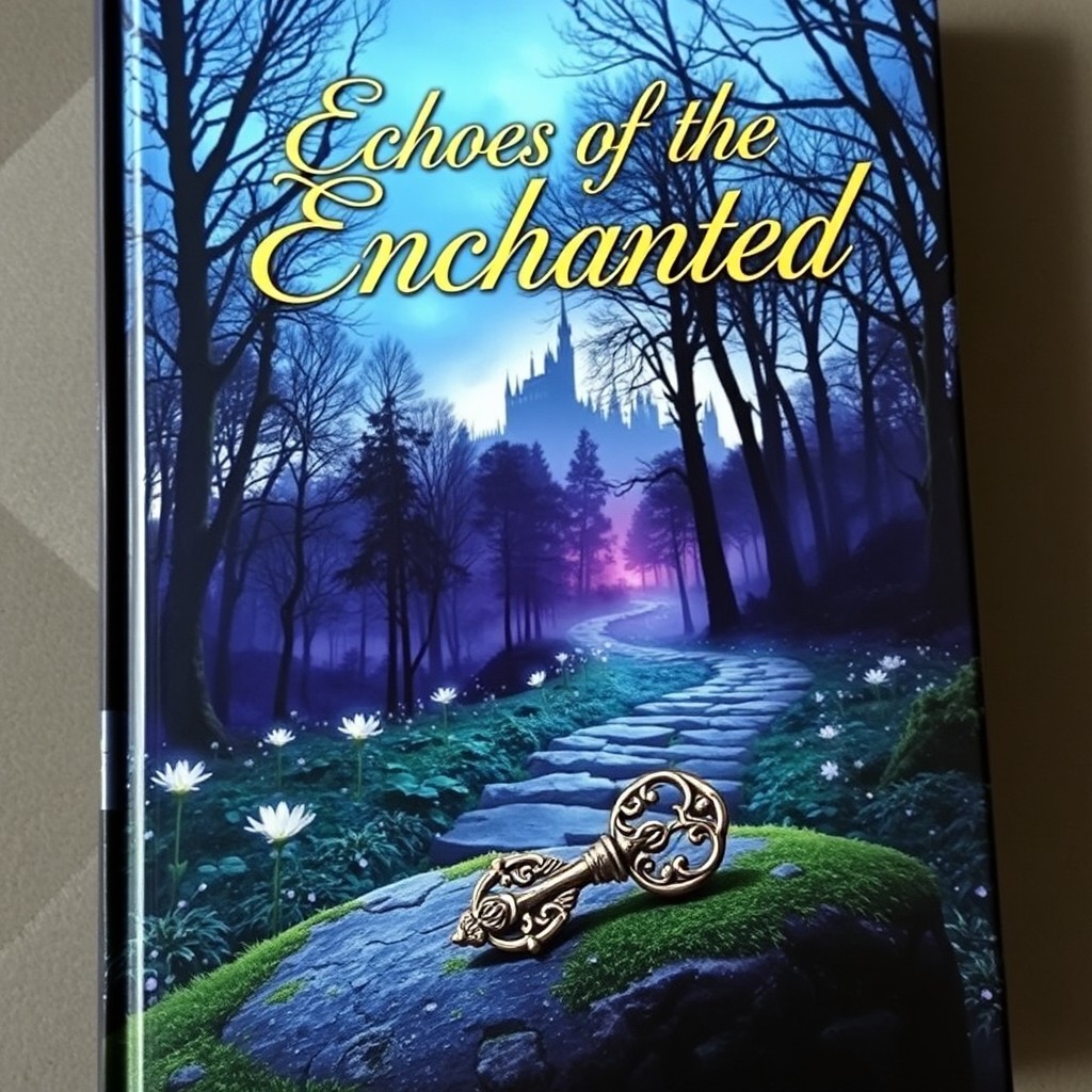A captivating book cover featuring a mystical forest at twilight, with an enchanting pathway lined by glowing flowers and ethereal light