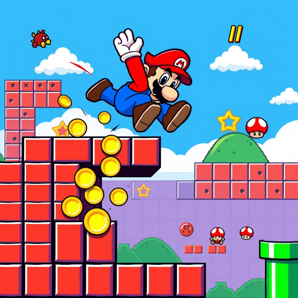 Exploring the frustration and excitement of playing Super Mario Bros, depicted in a vibrant, retro-inspired graphic, showcasing an intense scene with Mario jumping over a challenging obstacle, collecting coins, and dodging enemies like Goombas