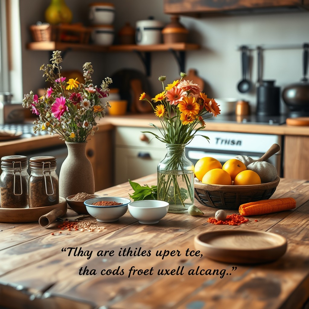 A cozy kitchen scene featuring a rustic wooden table adorned with various spices and fresh fruits