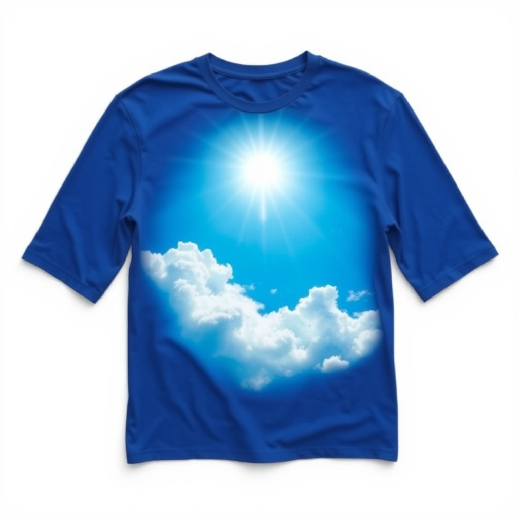 A vibrant T-shirt template featuring a beautiful design with a bright blue sky filled with fluffy white clouds and a radiant sunshine shining down