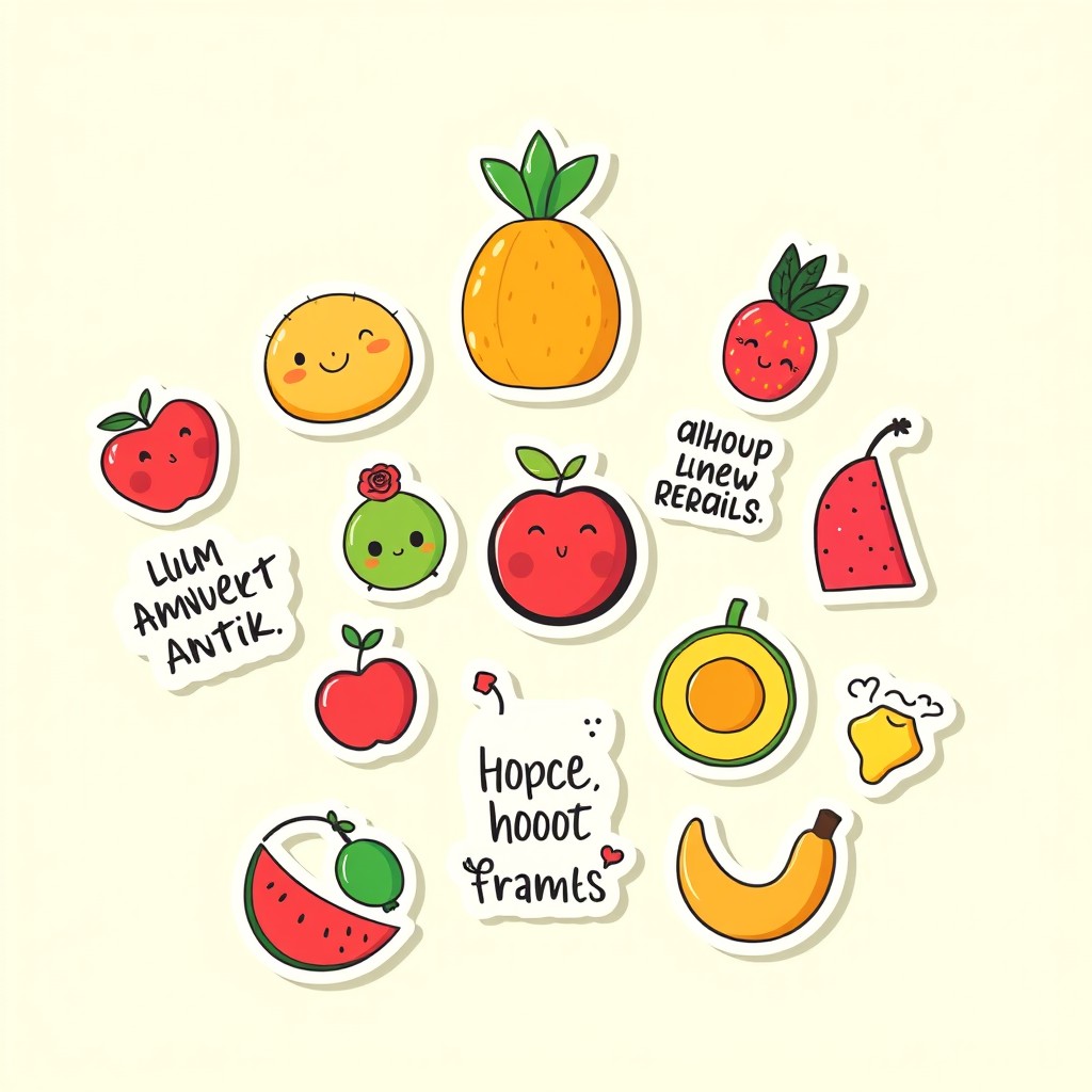 A vibrant and playful stickers template design featuring a variety of cute and whimsical elements such as cartoon animals, colorful fruits, fun quotes, and abstract shapes