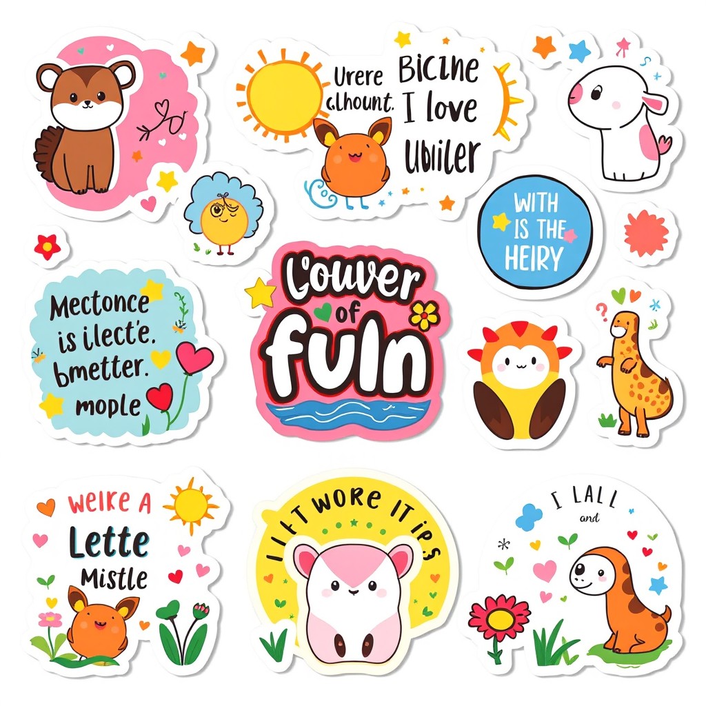 A collection of colorful and fun sticker templates featuring a variety of themes such as cute animals, motivational quotes, whimsical characters, and nature-inspired designs