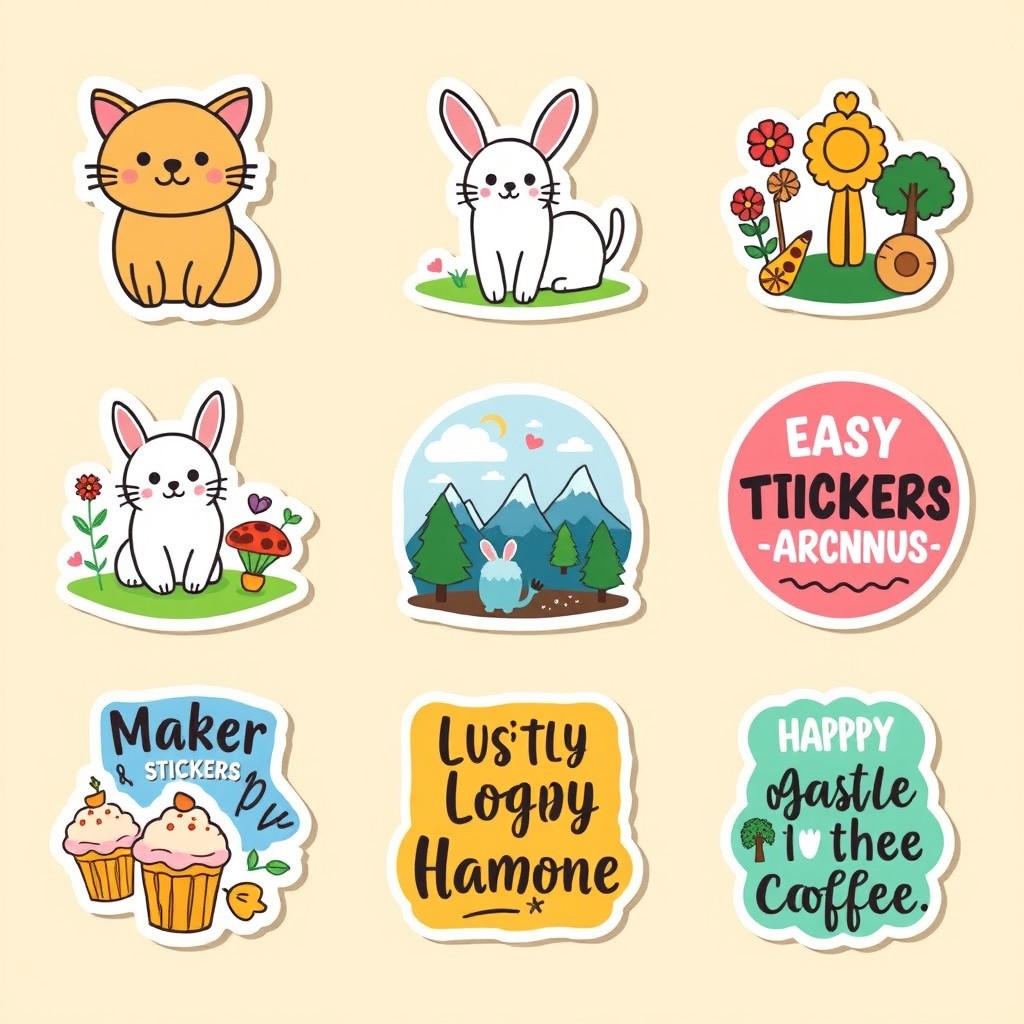 A collection of vibrant and playful sticker templates designed for various themes including animals, nature, food, and motivational quotes
