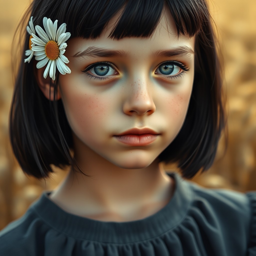 A close-up portrait of a pretty girl with striking black square-cut hair adorned with a delicate white daisy above her right ear