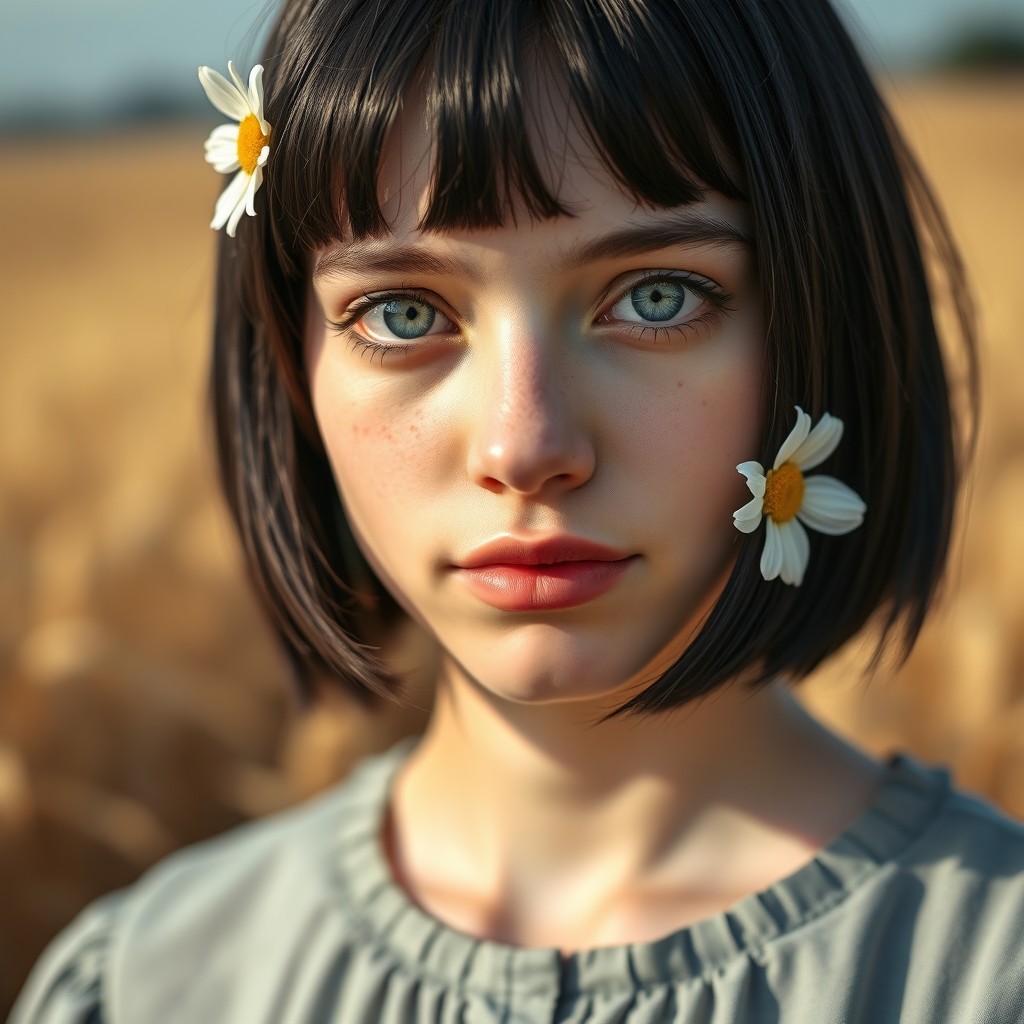 Close-up portrait of a 20-year-old young woman featuring stylish black chin-length bob-cut hair, accented by a charming white daisy placed above her right ear