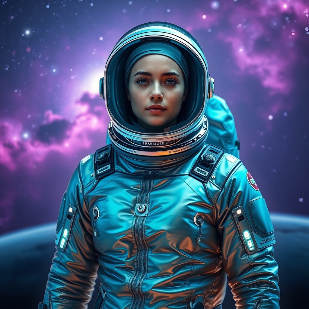A futuristic astronaut wearing a sleek, form-fitting downsuit designed for space exploration