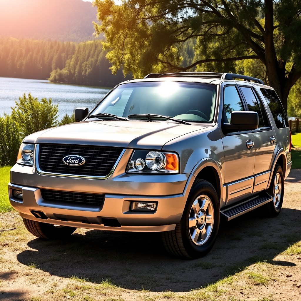 An impressive and detailed representation of a 2005 Ford Expedition, parked in a picturesque outdoor setting