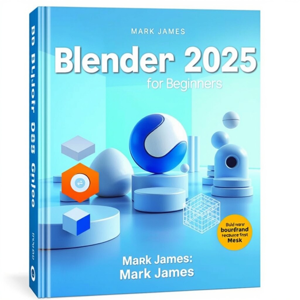 A detailed and informative book cover for 'Blender 2025 Guide for Beginners' by Mark James
