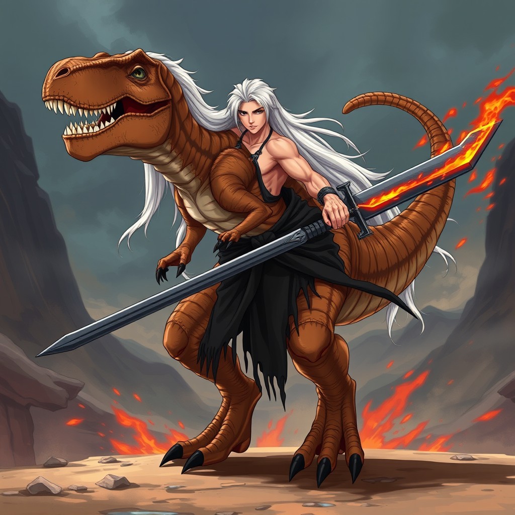 A humanoid Tyrannosaurus rex character designed in a modern anime style
