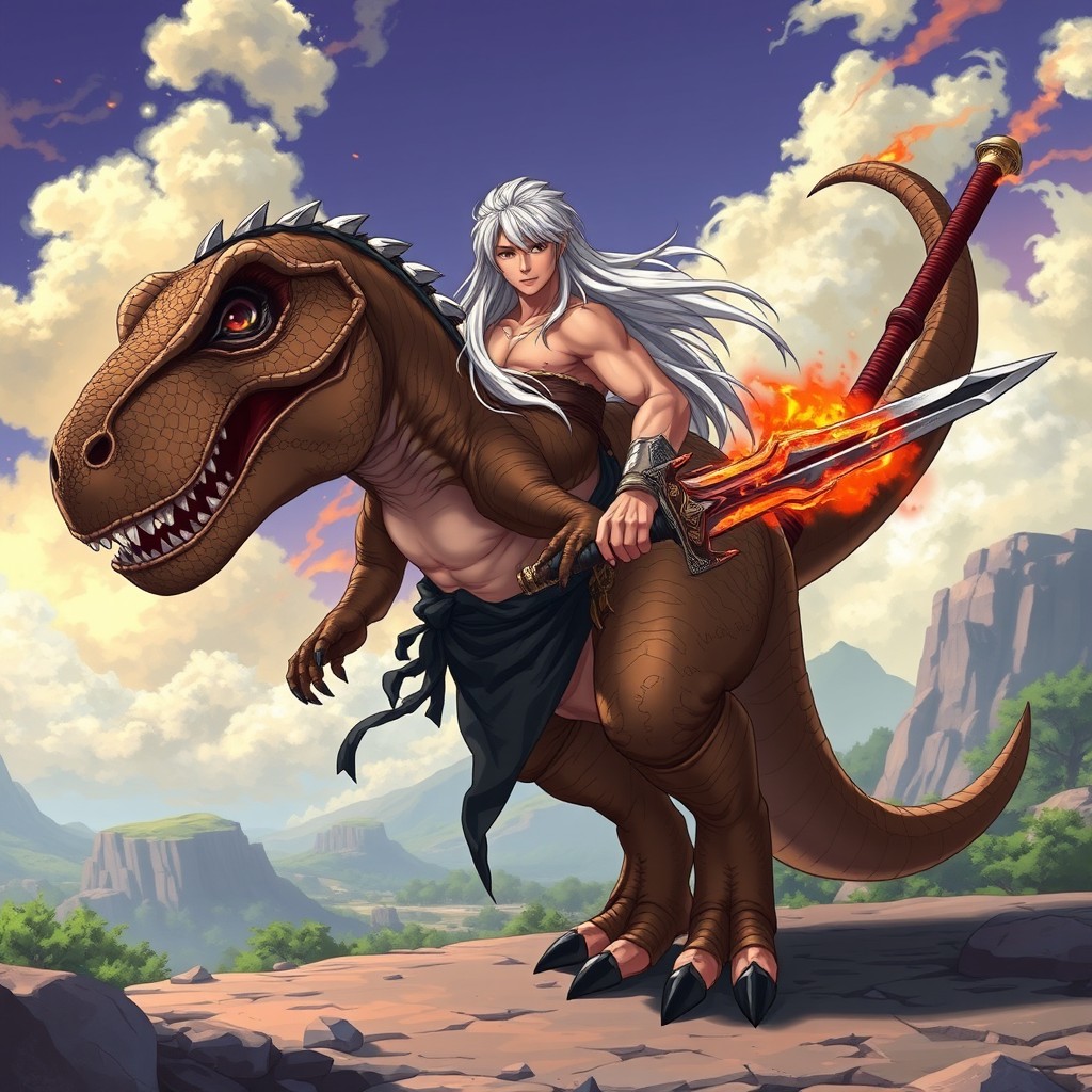 A humanoid Tyrannosaurus rex character designed in a modern anime style