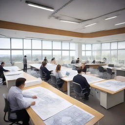 A bustling civil engineering consultancy office, featuring detailed blueprints of a unique bridge design and comprehensive building projects, with professionals studying complex architectural models and engaging in high-level discussions