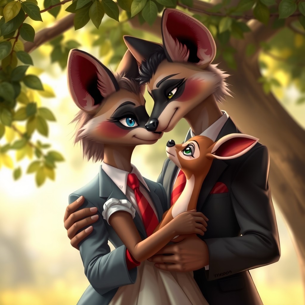 A romantic scene featuring a lustful blue-eyed male hyena dressed in a stylish suit with a vibrant red necktie, tenderly hugging a small green-eyed doe clad in a beautiful dress