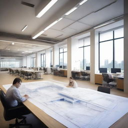 A bustling civil engineering consultancy office, featuring detailed blueprints of a unique bridge design and comprehensive building projects, with professionals studying complex architectural models and engaging in high-level discussions