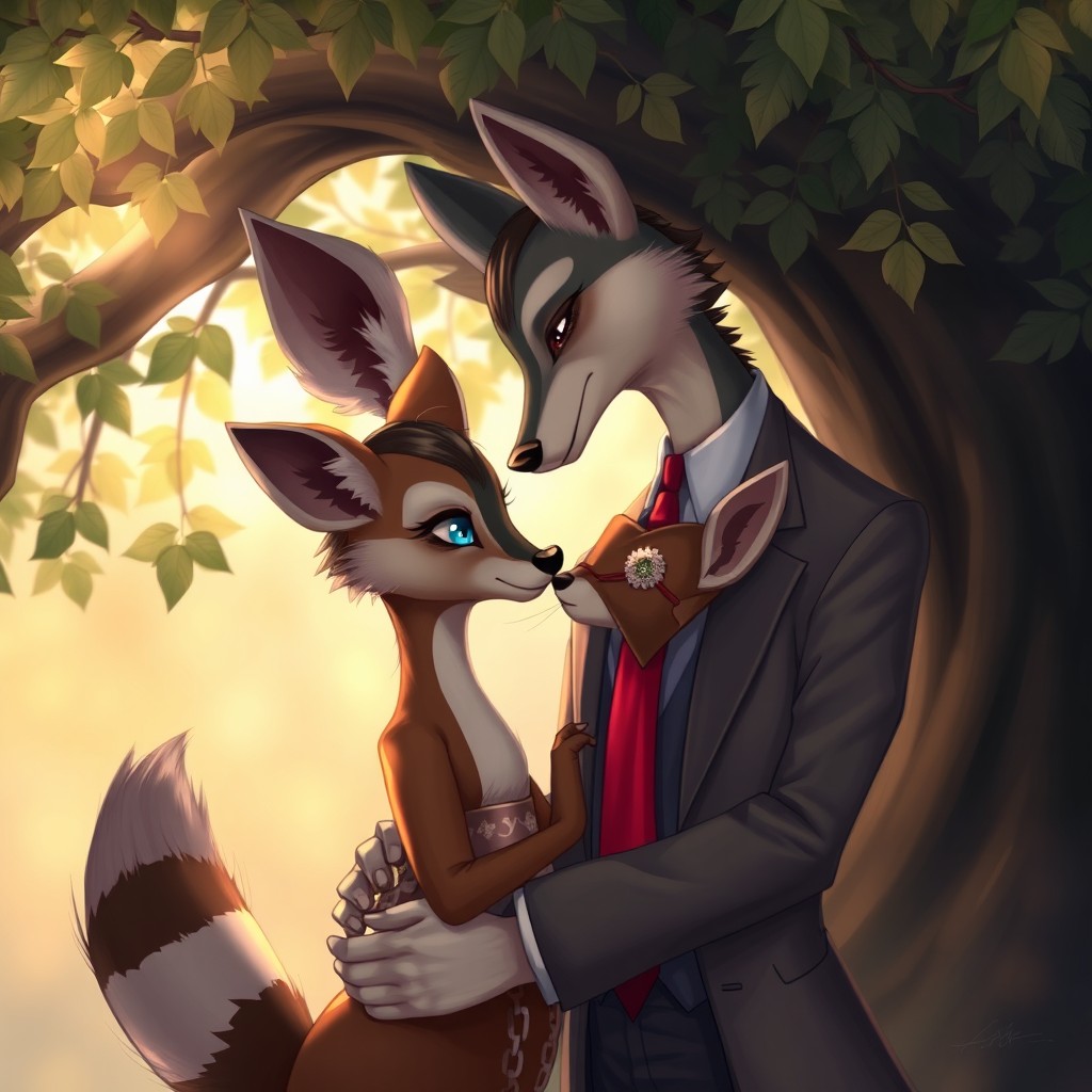 A romantic scene depicting a lustful blue-eyed male hyena elegantly dressed in a tailored suit with a striking red necktie, embracing a small green-eyed doe who is wearing a charming dress
