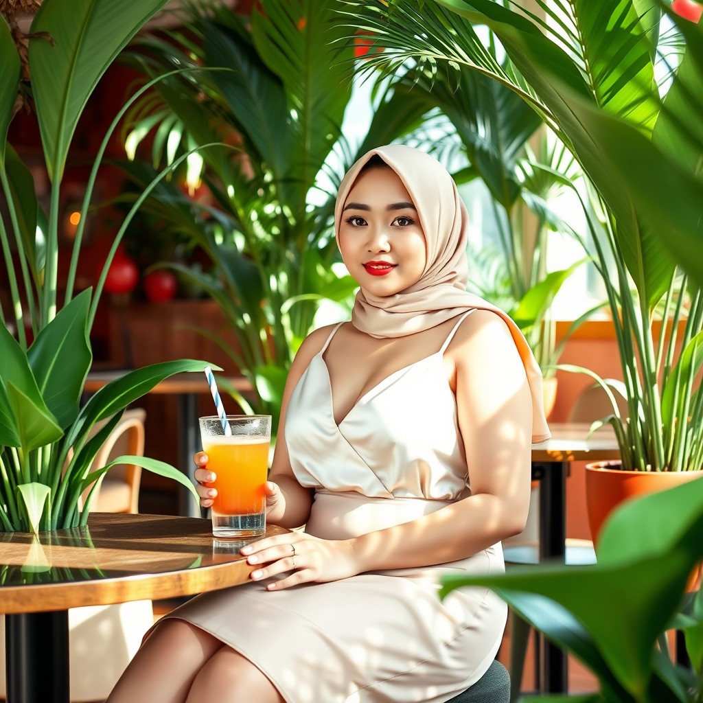 A young thick Asian woman wearing a soft peach hijab is sitting gracefully at a stylish tropical-themed café, surrounded by vibrant green plants and colorful decor