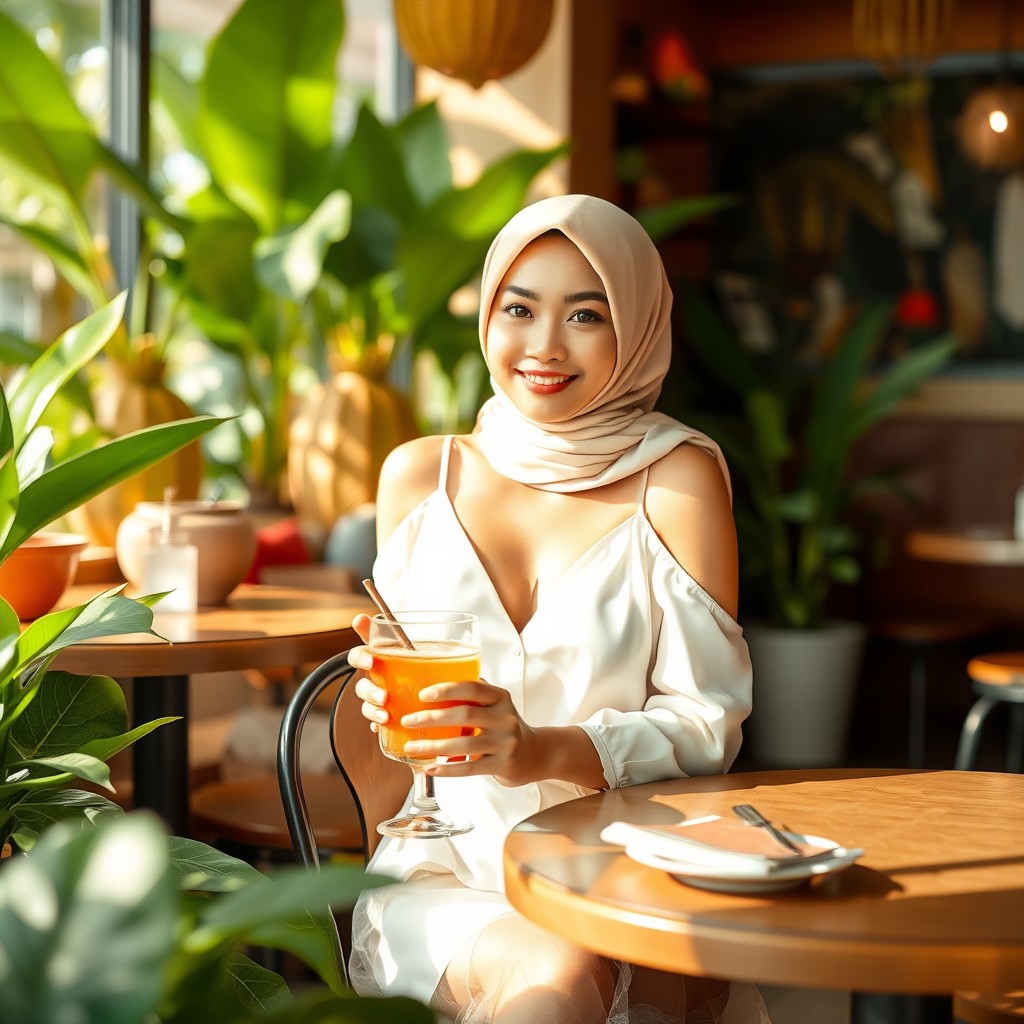 A young D cup Asian woman wearing a soft peach hijab is sitting gracefully at a stylish tropical-themed café, surrounded by lush greenery and colorful decor