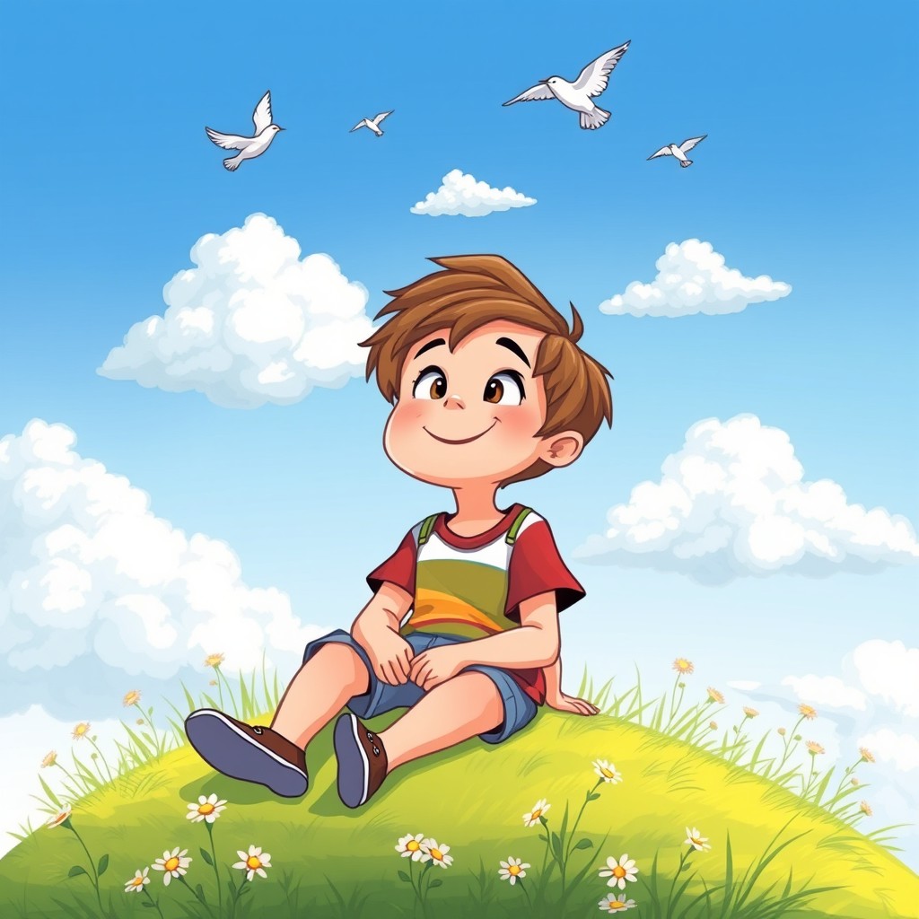 A whimsical cartoon illustration of a young boy with a cheerful expression, sitting on a grassy hill, gazing up at a bright blue sky filled with fluffy white clouds and a few birds