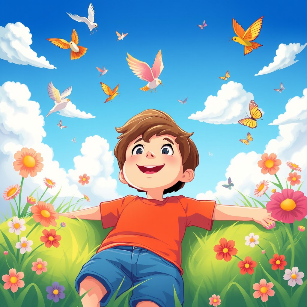 A lively cartoon illustration featuring a young boy with a bright smile, lying on soft green grass, looking up at the vast blue sky filled with fluffy white clouds and colorful birds