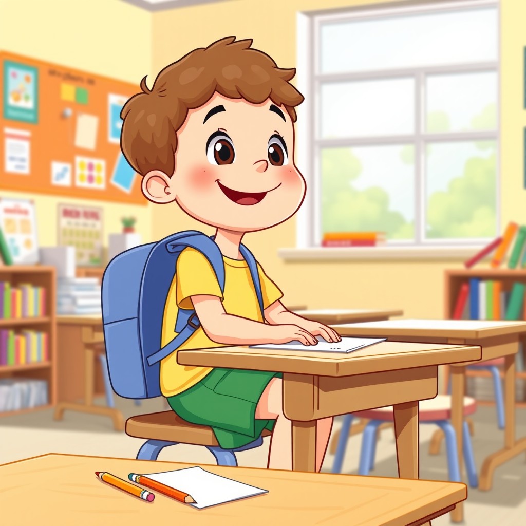 A charming cartoon illustration of a little boy in a bright, cheerful classroom setting