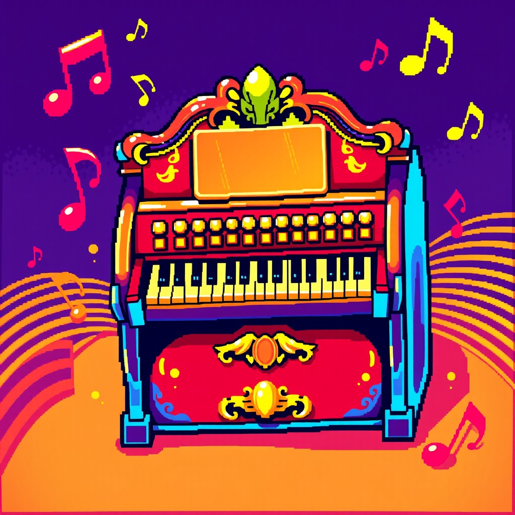 A vibrant, colorful pixel art representation of a music organ, featuring shiny keys and elaborate details in a 32x32 pixel grid