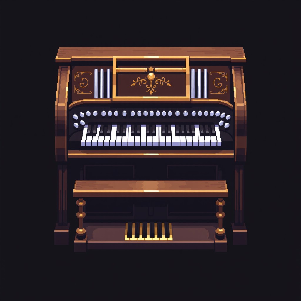 A pixel art depiction of a classic music organ, set against a dark background