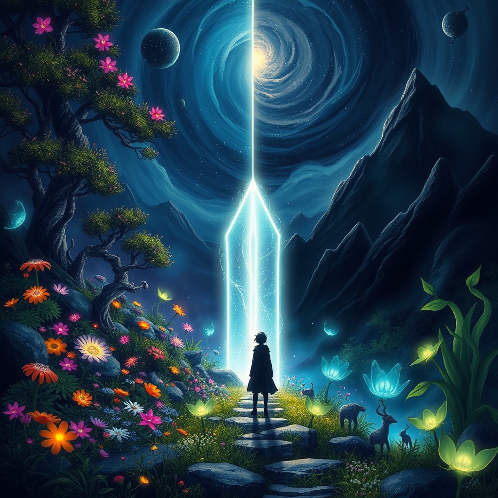 An enchanting scene depicting a mystical realm divided into two worlds; one side is a vibrant, lush fantasy forest filled with colorful flowers and strange creatures glowing with bioluminescence, while the other half is a dark, shadowy landscape with looming mountains and a swirling, starry night sky