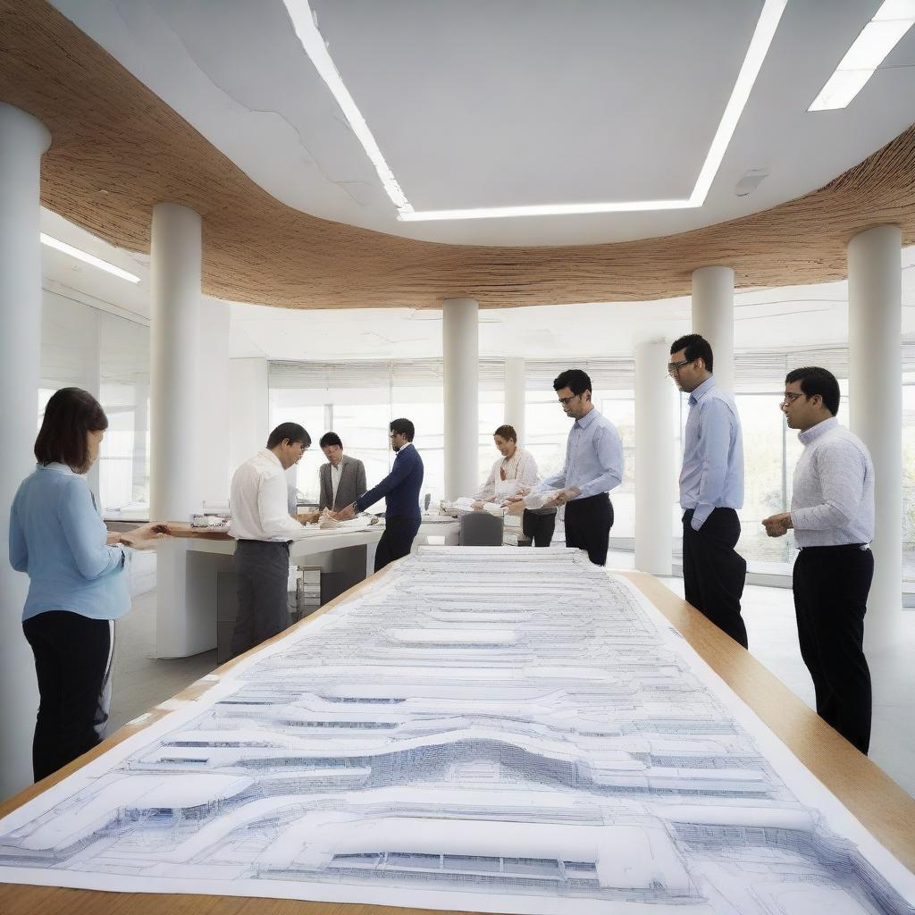 A bustling civil engineering consultancy office, featuring detailed blueprints of a unique bridge design and comprehensive building projects, with professionals studying complex architectural models and engaging in high-level discussions