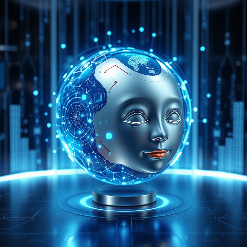 An advanced AI assistant resembling a futuristic holographic interface, vibrant blue and silver color scheme, with intricate digital patterns and nodes, glowing softly
