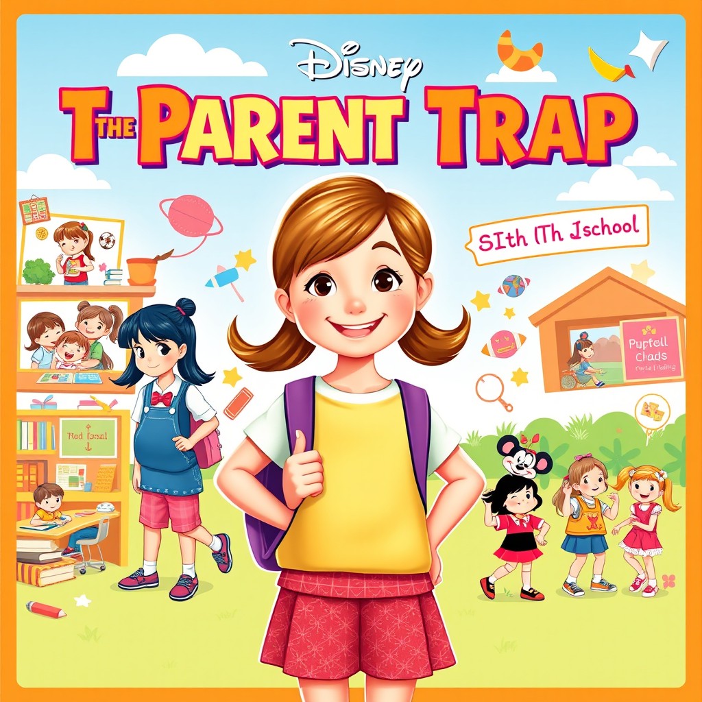 A vibrant and colorful movie poster inspired by Disney's 'The Parent Trap', featuring the school life of a girl from preschool to sixth grade