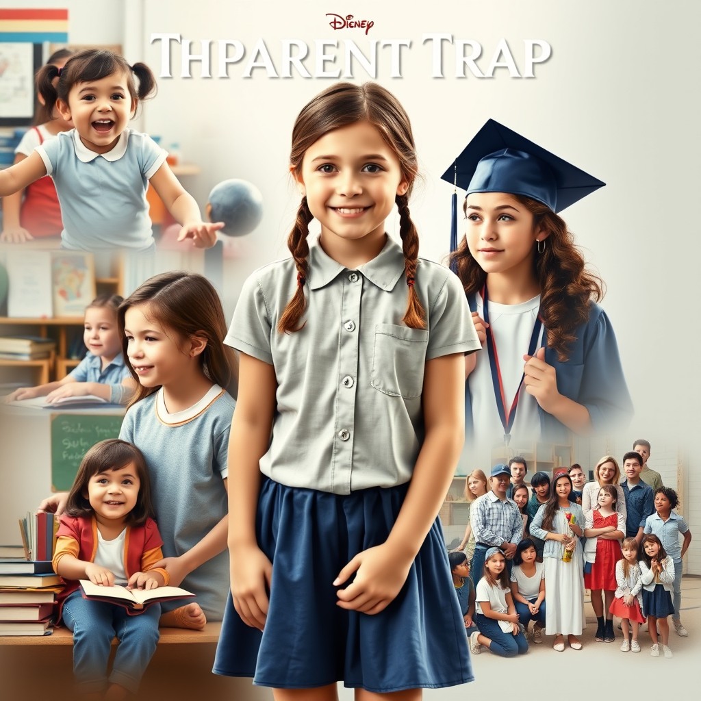 A realistic movie poster inspired by Disney's 'The Parent Trap', showcasing the school life of a girl from preschool to sixth grade, culminating in her graduation