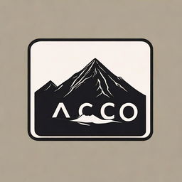 Design a minimalist logo containing the word 'Aco' and a silhouetted mountain, all enclosed inside a contemporary rectangular frame.