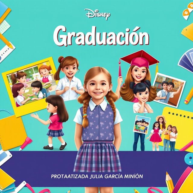 A vibrant and colorful movie poster inspired by Disney's 'The Parent Trap', featuring the school life of a girl from preschool to sixth grade, culminating in her graduation
