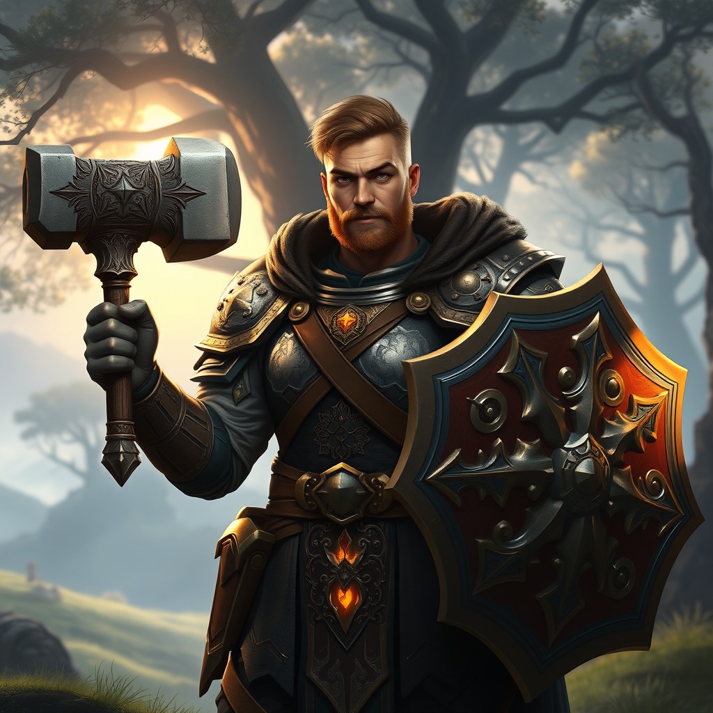 A handsome human male paladin standing confidently, holding a large, ornate hammer in one hand and a beautifully crafted shield in the other