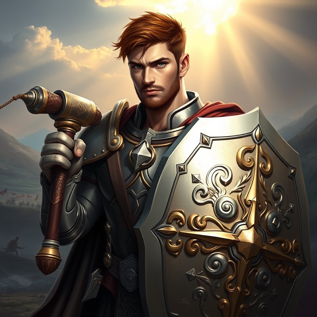 A handsome human male paladin with short brown hair and a trimmed short beard, standing proudly in a heroic pose