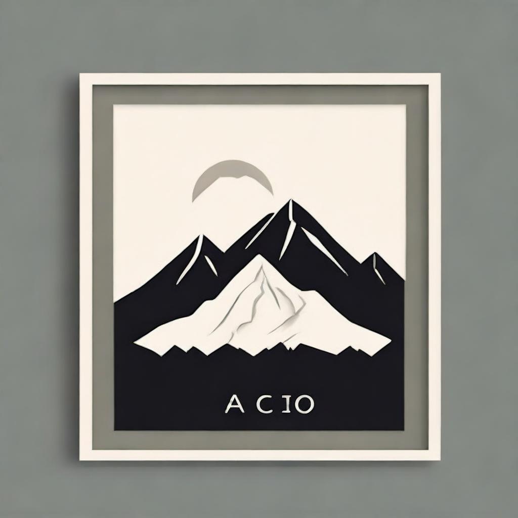 Design a minimalist logo containing the word 'Aco' and a silhouetted mountain, all enclosed inside a contemporary rectangular frame.