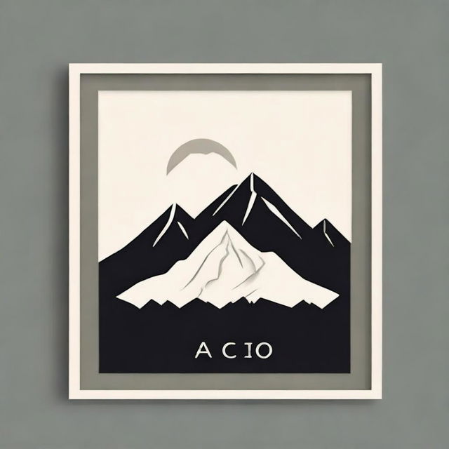 Design a minimalist logo containing the word 'Aco' and a silhouetted mountain, all enclosed inside a contemporary rectangular frame.