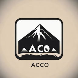 Design a minimalist logo containing the word 'Aco' and a silhouetted mountain, all enclosed inside a contemporary rectangular frame.