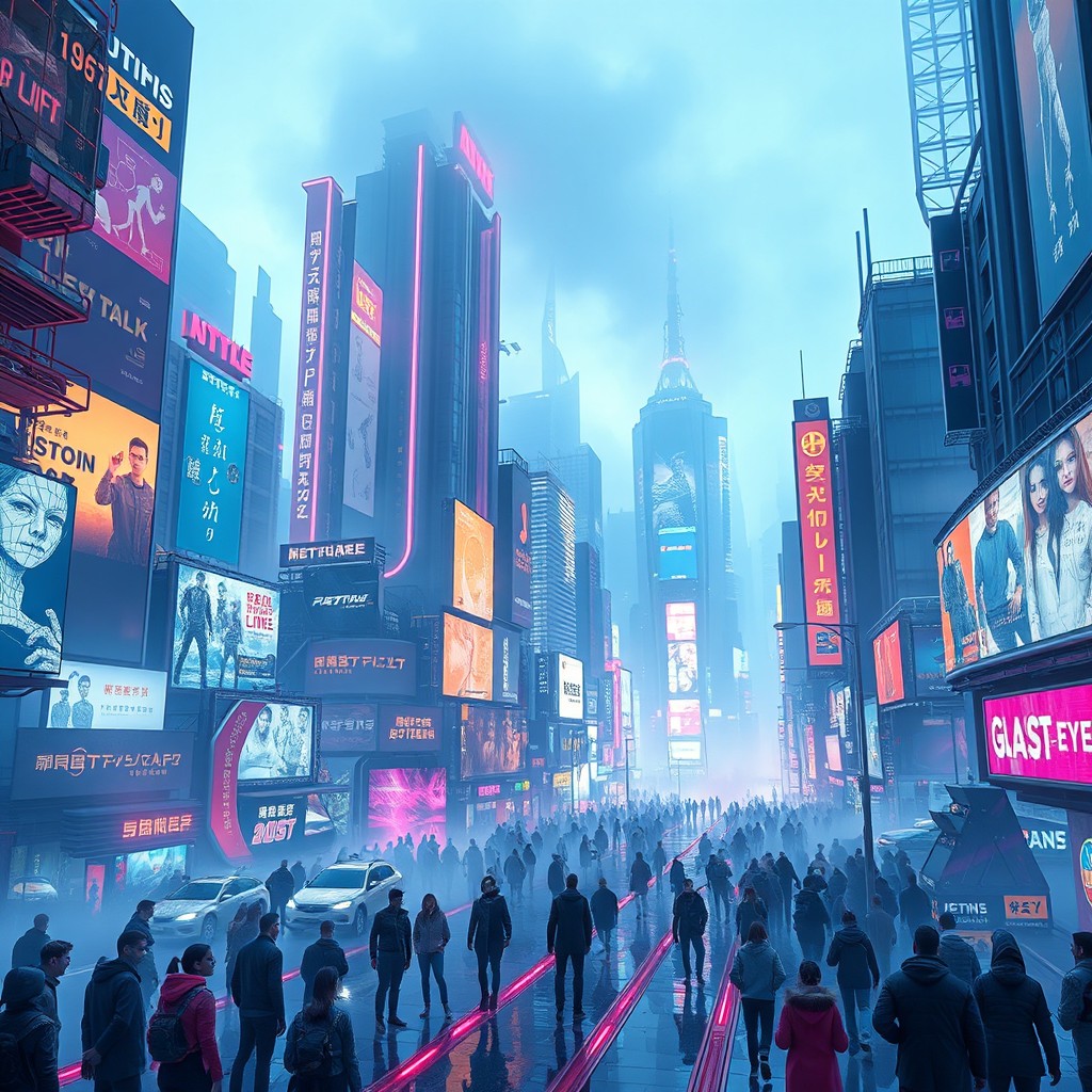 A stunning silver cyberpunk background, featuring a neon-lit urban landscape filled with futuristic skyscrapers and holographic advertisements