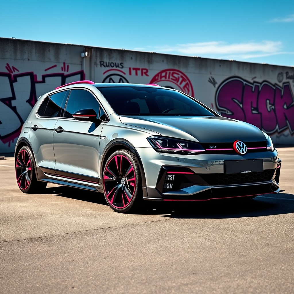 A stylish design of a Volkswagen car featuring a sleek gray body with striking black and pink accents