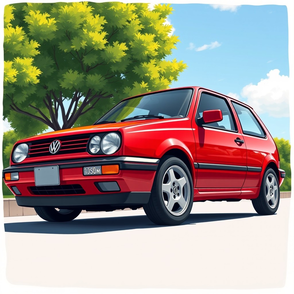 A detailed illustration of a 1998 Volkswagen Golf, showcasing its classic design elements such as the rounded headlights, compact body, and distinctive grille